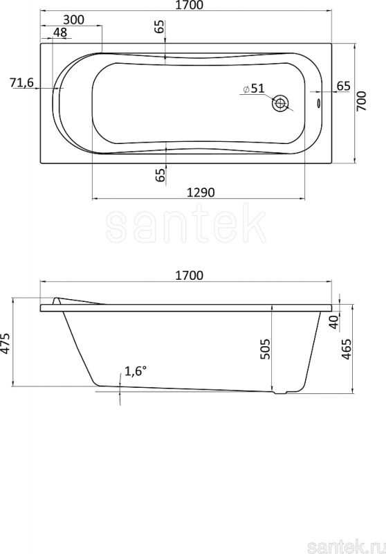 Акриловая ванна Santek Tenerife 160x70 1WH302357