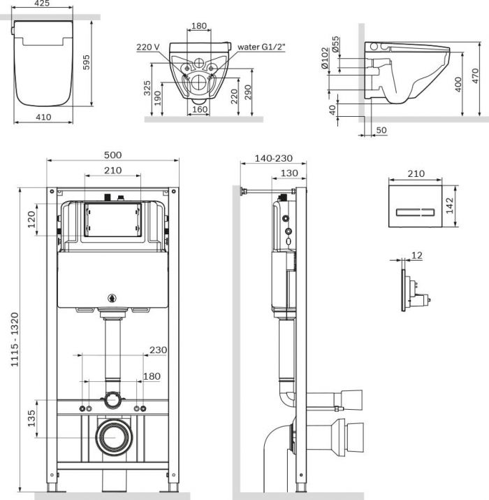 Комплект унитаза с инсталляцией AM.PM Inspire V2.0 FlashClean IS450A38.CCC50A с электронным сиденьем микролифт с функцией биде и черной клавишей смыва