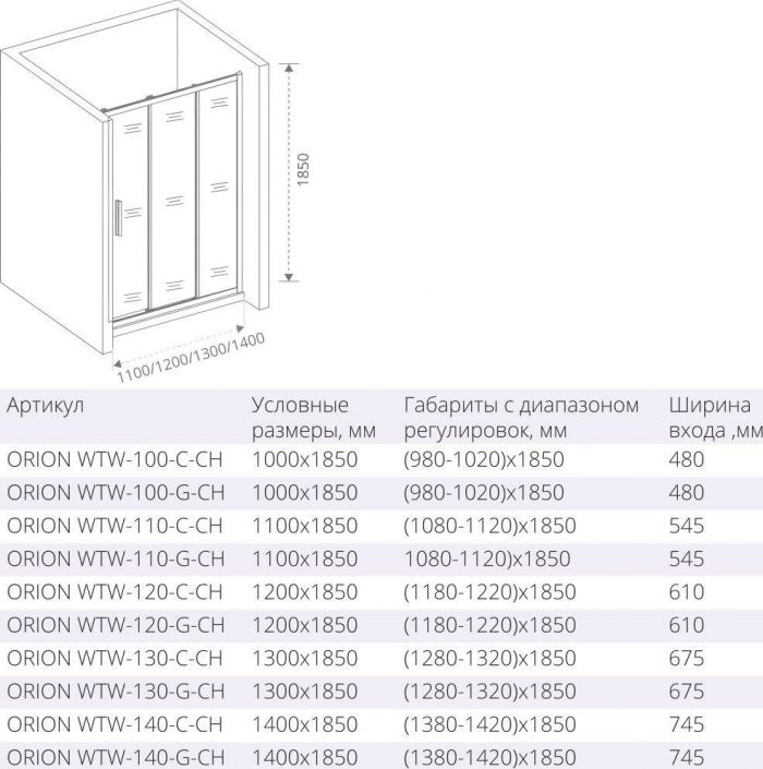 Душевая дверь в нишу 130 см Good Door Orion WTW-130-G-CH ОР00004 стекло рифленое