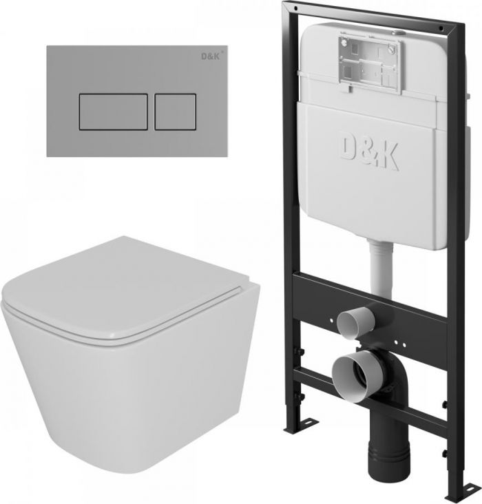 Комплект унитаза с инсталляцией D&K DS1431605 с сиденьем микролифт и клавишей смыва хром