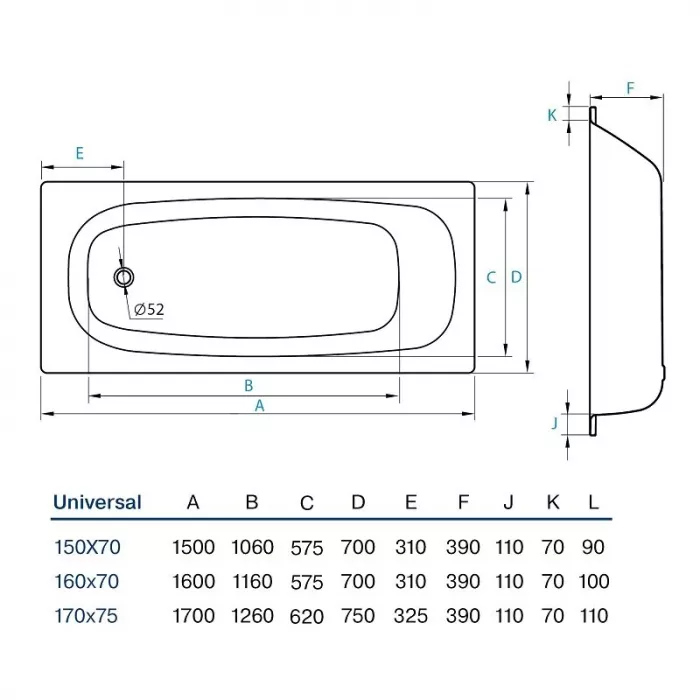 Стальная ванна Koller Pool Universal 150х70 B50HAH00E белый