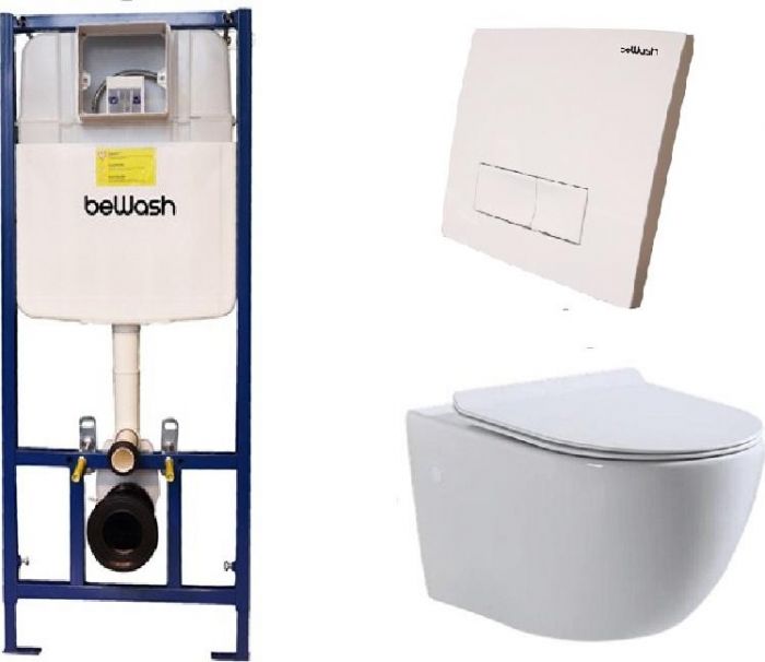 Комплект инсталляция beWash BW74 + унитаз подвесной beWash Lusso с микролифтом + белая кнопка смыва