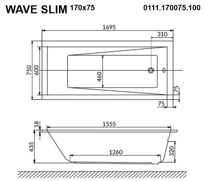 Акриловая ванна Whitecross Wave Slim 170х75 0111.170075.100.LINENANO.CR хром, белый