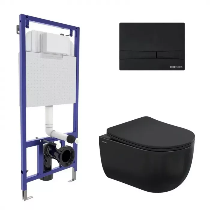 Комплект Berges: инсталляция Berges Novum 525 043326, с унитазом Ventas Black, сиденье дюропласт с микролифтом быстросъемное, клавиша F5 soft touch, черный