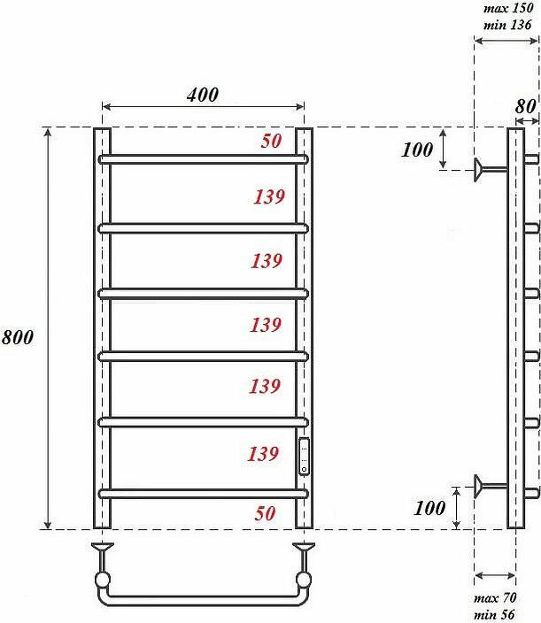 Полотенцесушитель электрический Point PN08848 П6 400x800 диммер справа, хром