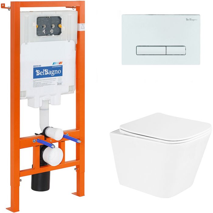 Комплект унитаза с инсталляцией BelBagno Due BB3103CHR/SC/BB002-80/BB018-GV-BIANCO с сиденьем микролифт и белой клавишей смыва