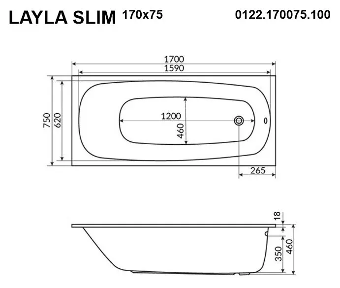 Акриловая ванна Whitecross Layla Slim 170х75 0122.170075.100.SMARTNANO.CR хром, белый