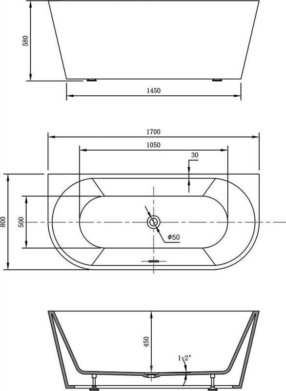 Акриловая ванна Vincea VBT-421-1700MB, слив-перелив в комплекте, черный матовый