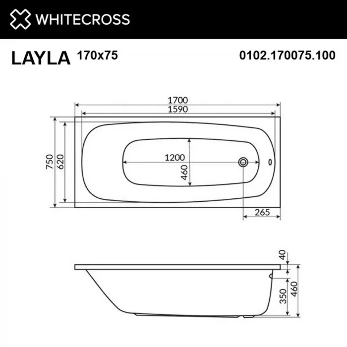 Акриловая ванна Whitecross Layla 170х75 0102.170075.100.NANO.CR белый