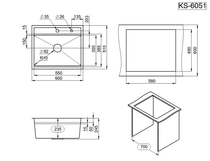 Мойка кухонная Granula Kitchen Space 6051, ГРАФИТ МАТОВЫЙ