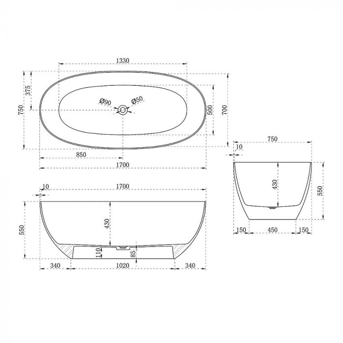 Ванна из искусственного камня Vincea VBT-6T01B 170x75 см прозрачная, черный