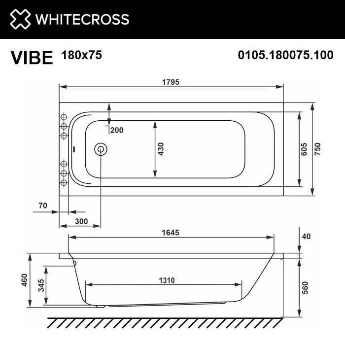Акриловая ванна Whitecross Vibe 180х75 0105.180075.100.SOFT.CR хром, белый