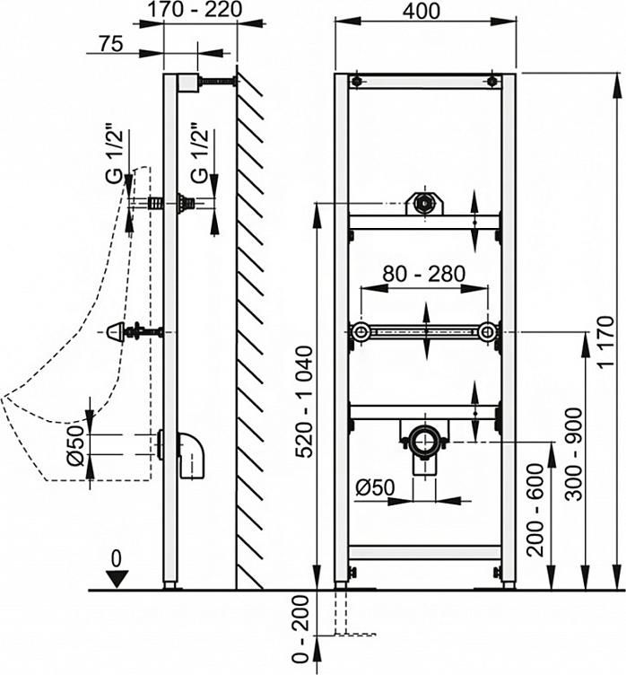 Инсталляция для писсуара AlcaPlast A107/1200