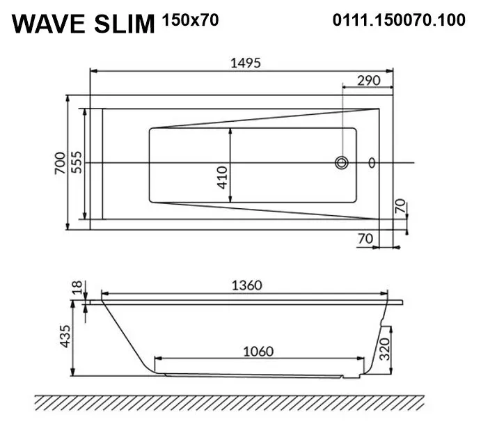 Акриловая ванна Whitecross Wave Slim 150х70 0111.150070.100.LINENANO.GL золото, белый