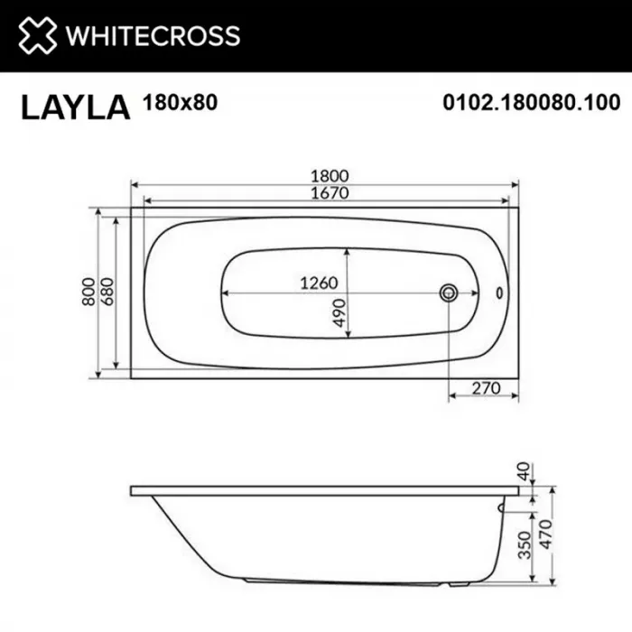 Акриловая ванна Whitecross Layla 180х80 0102.180080.100.ULTRA.BR белый