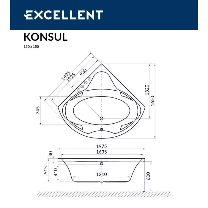 Акриловая ванна Excellent Konsul 150х150 WAEX.KON15.LINE.GL золото, белый