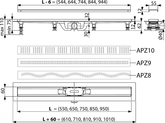 Душевой лоток AlcaPlast APZ10-Simple 650 с решёткой и опорами