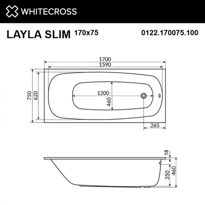 Акриловая ванна Whitecross Layla Slim 170х75 0122.170075.100.RELAX.CR хром, белый
