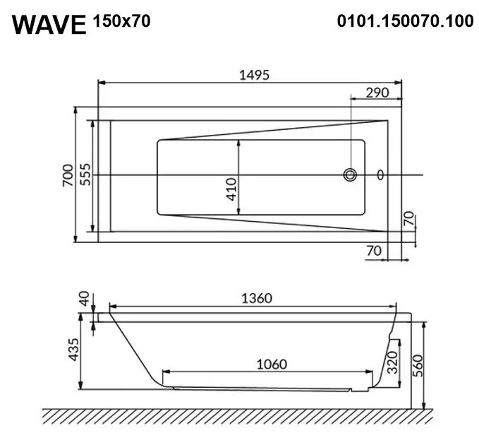 Акриловая ванна Whitecross Wave 150х70 0101.150070.100.SMARTNANO.GL золото, белый