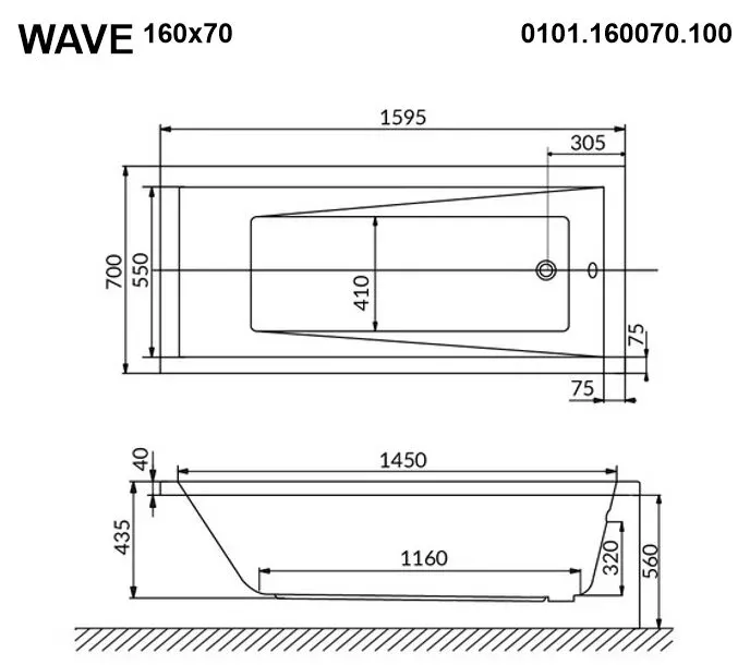 Акриловая ванна Whitecross Wave 160х70 0101.160070.100.ULTRANANO.CR хром, белый