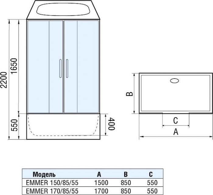 Душевой бокс WeltWasser WW500 Emmer 170/85/55-2 170x85 10000004660, профиль хром, стекло прозрачное