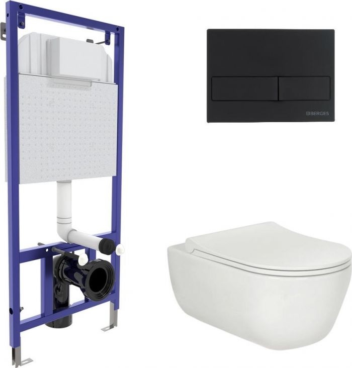 Комплект Berges Wasserhaus 043204 инсталляция Novum + унитаз Ego XL Rimless + кнопка L5 черная